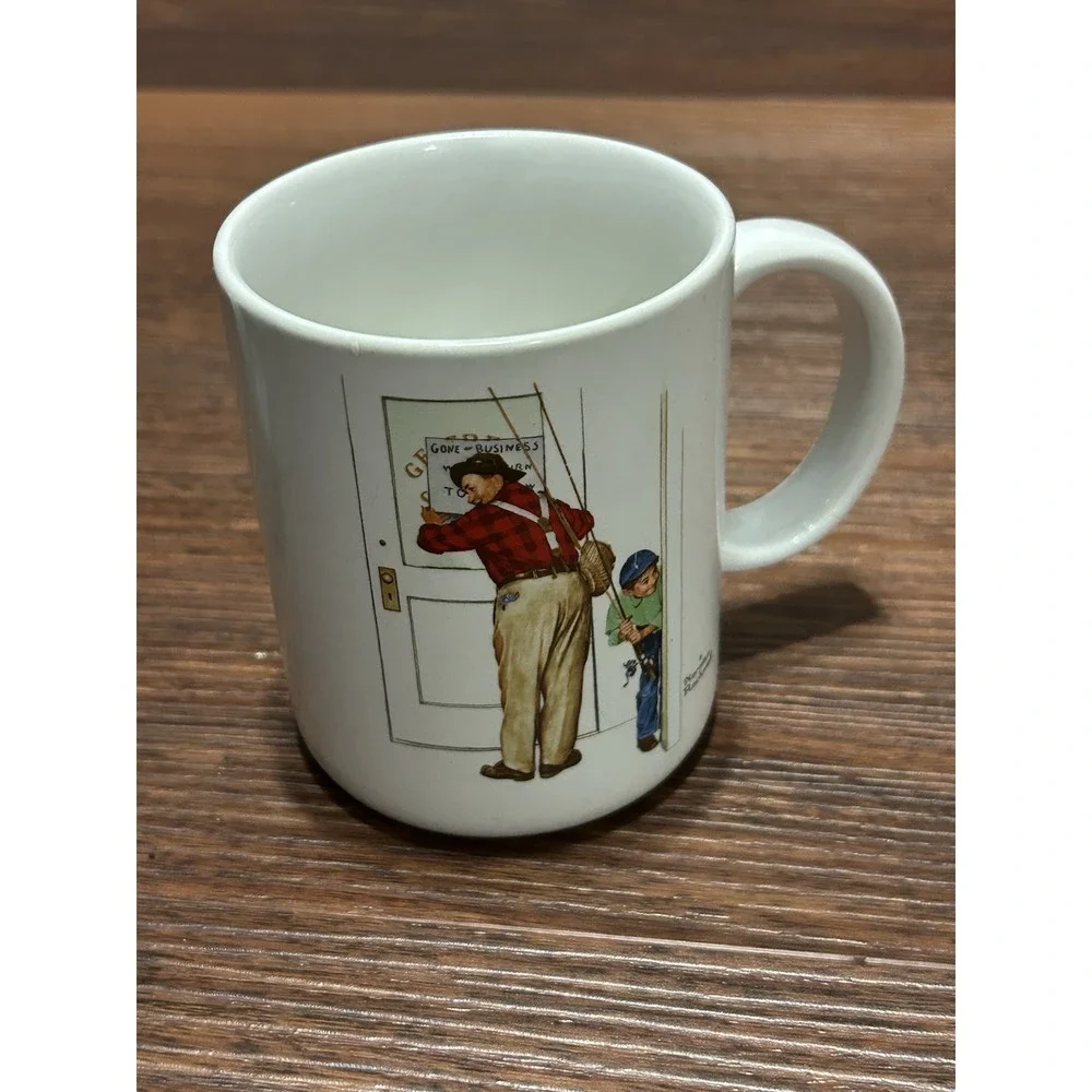 Norman Rockwell 1987 museum collections Coffee mugs cup set of 2 fishing Vintage